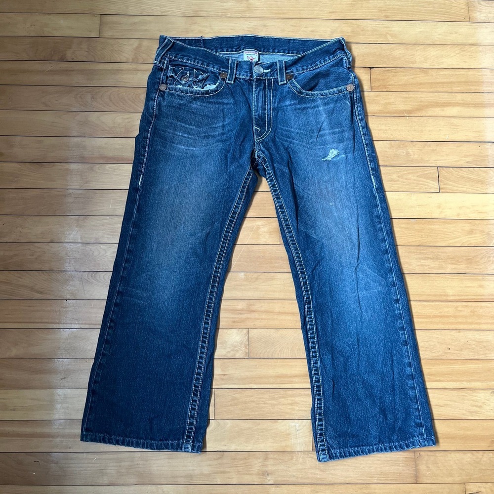 True Religion Billy Mens 34 Dark Wash Bootcut Jeans Contrast Stitch Y2K Blue